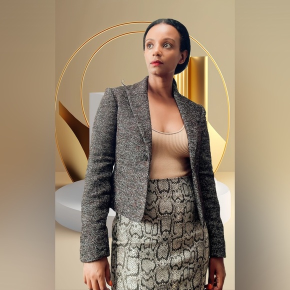 BCBGMAXAZRIA Blazer Jacket Size XSS Dark Brown White Wool Silk - Picture 2 of 8